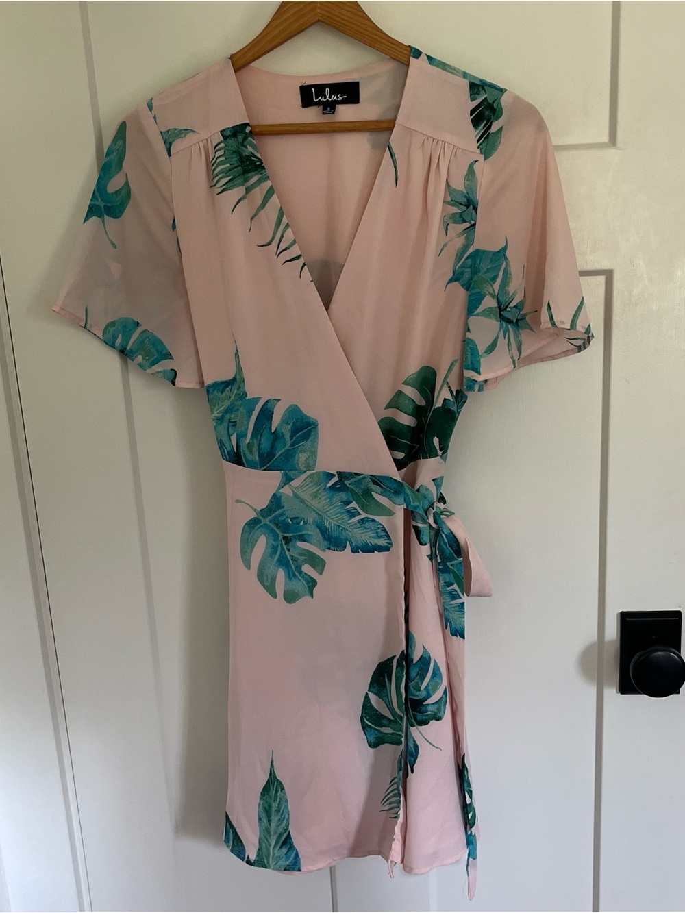 Lulu's Pink Mini Wrap Dress with Green Tropical Leaves